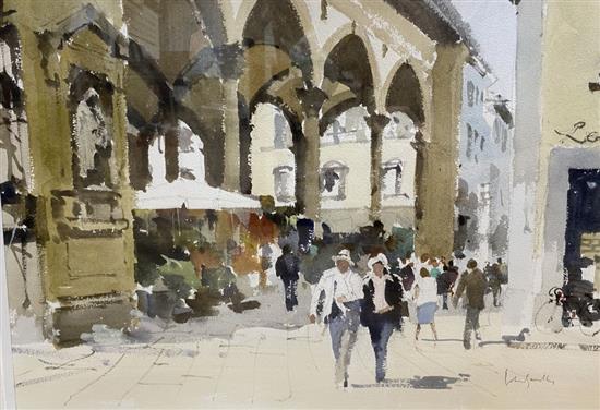 John Yardley (1933-), watercolour, Figures beside an Italian market place, signed, 36 x 50cm